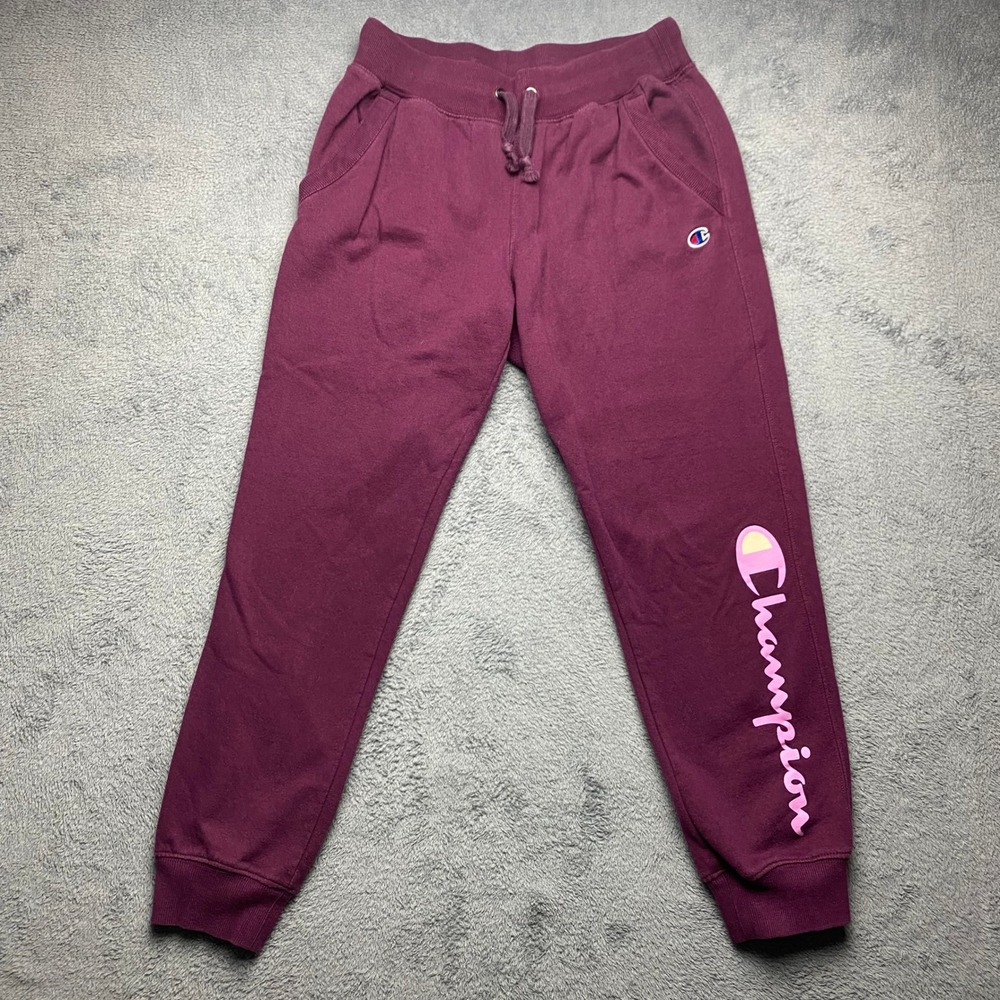 Champion Joggers Womens Small Sweatpants Burgundy‎ Fleece Pink Script Logo Pink